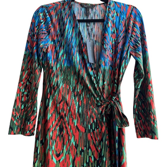 BCBG Adele Wrap Dress Size Small - Multicolor Abstract Print, Long Sleeve, NWT - Picture 3 of 15